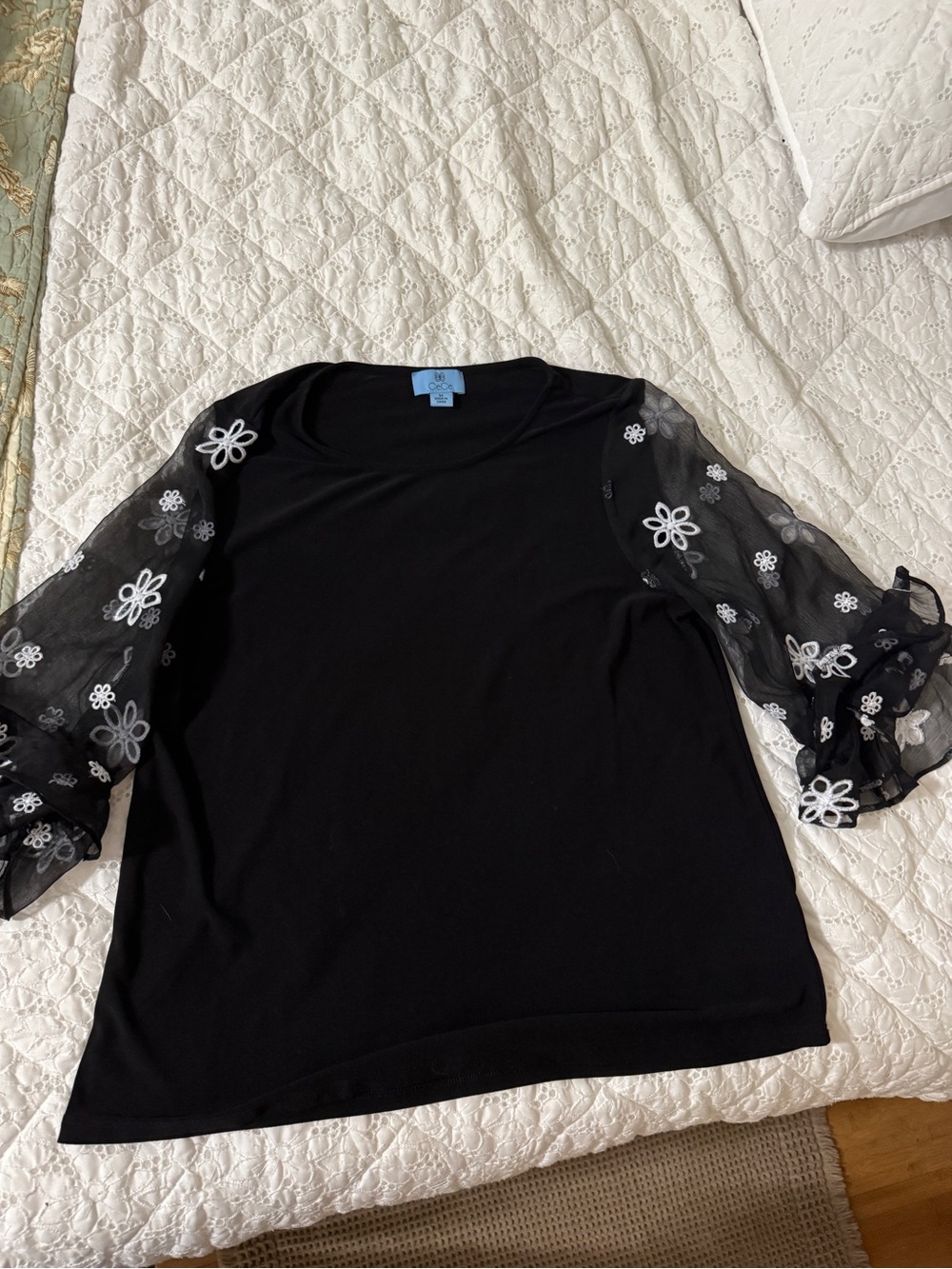 CeCe Black Top with Sheer Floral Embroidered Sleeves